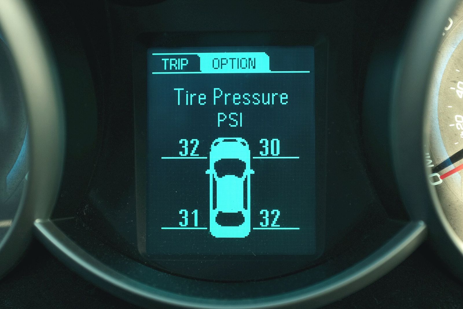 A car's instrument panel display showing the pressure of each tyre in PSI