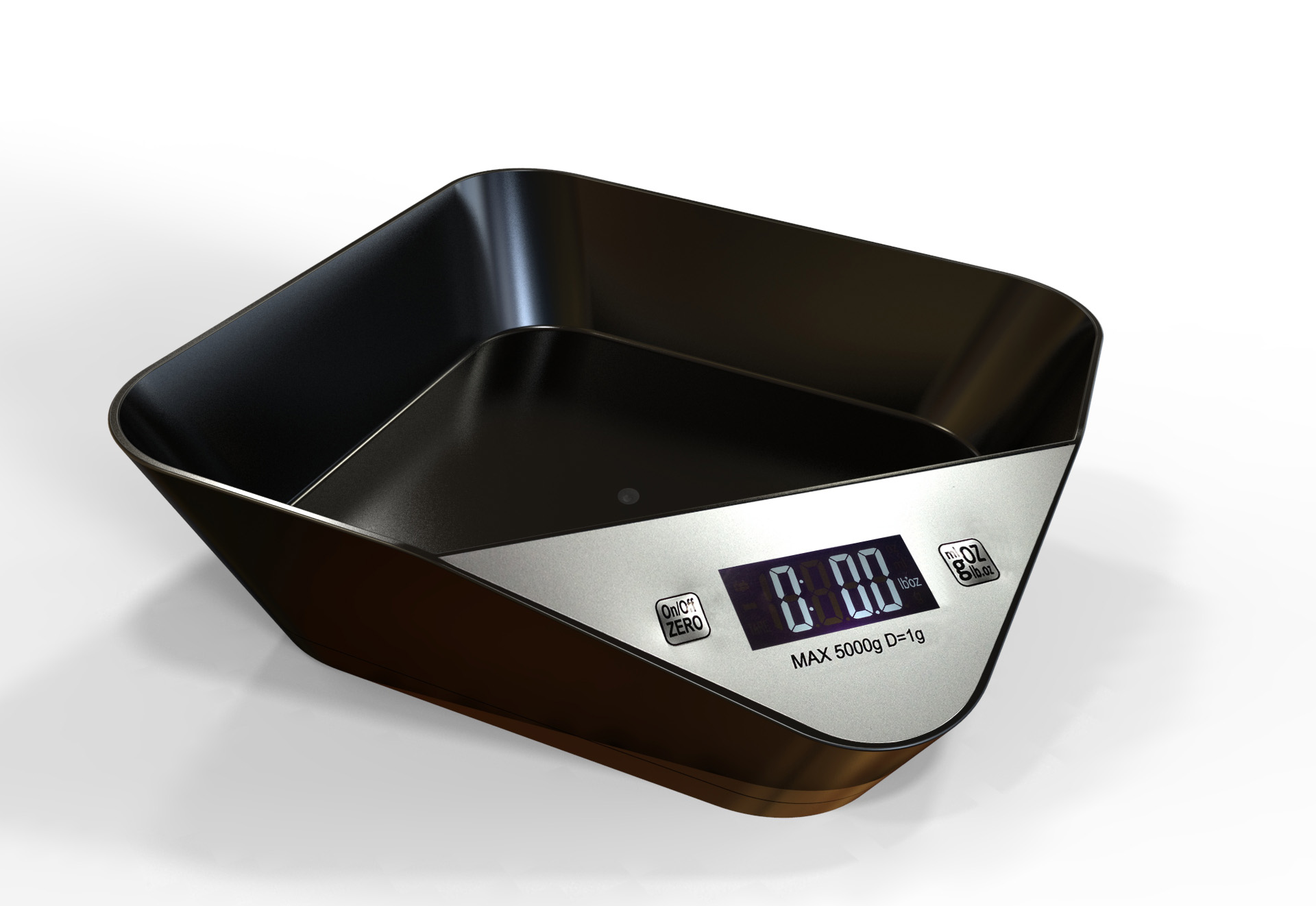 A black digital kitchen scale with a built-in tray and a display reading zero