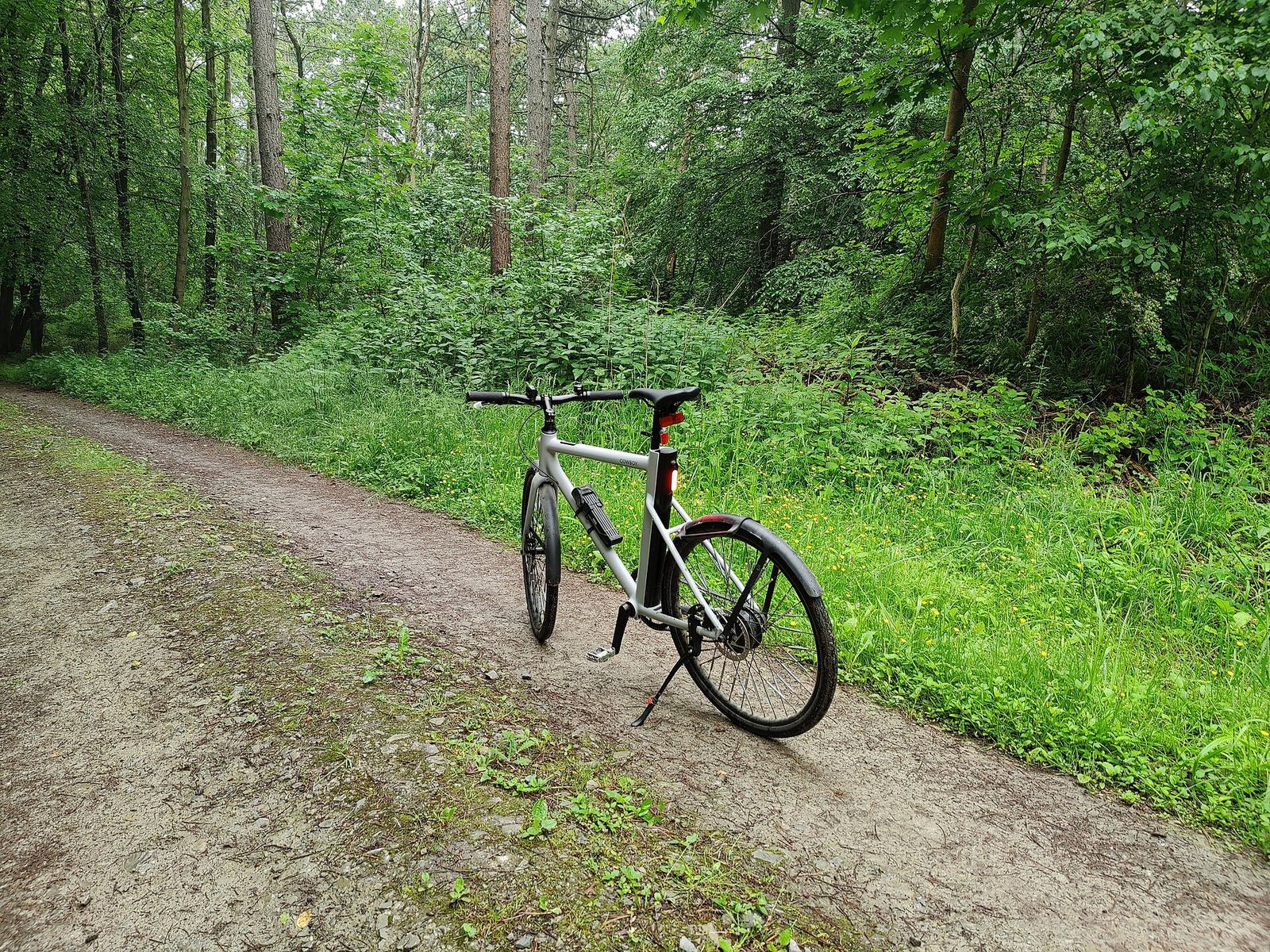 A city e-bike with an integrated battery parked on a gravel path through a green forest
