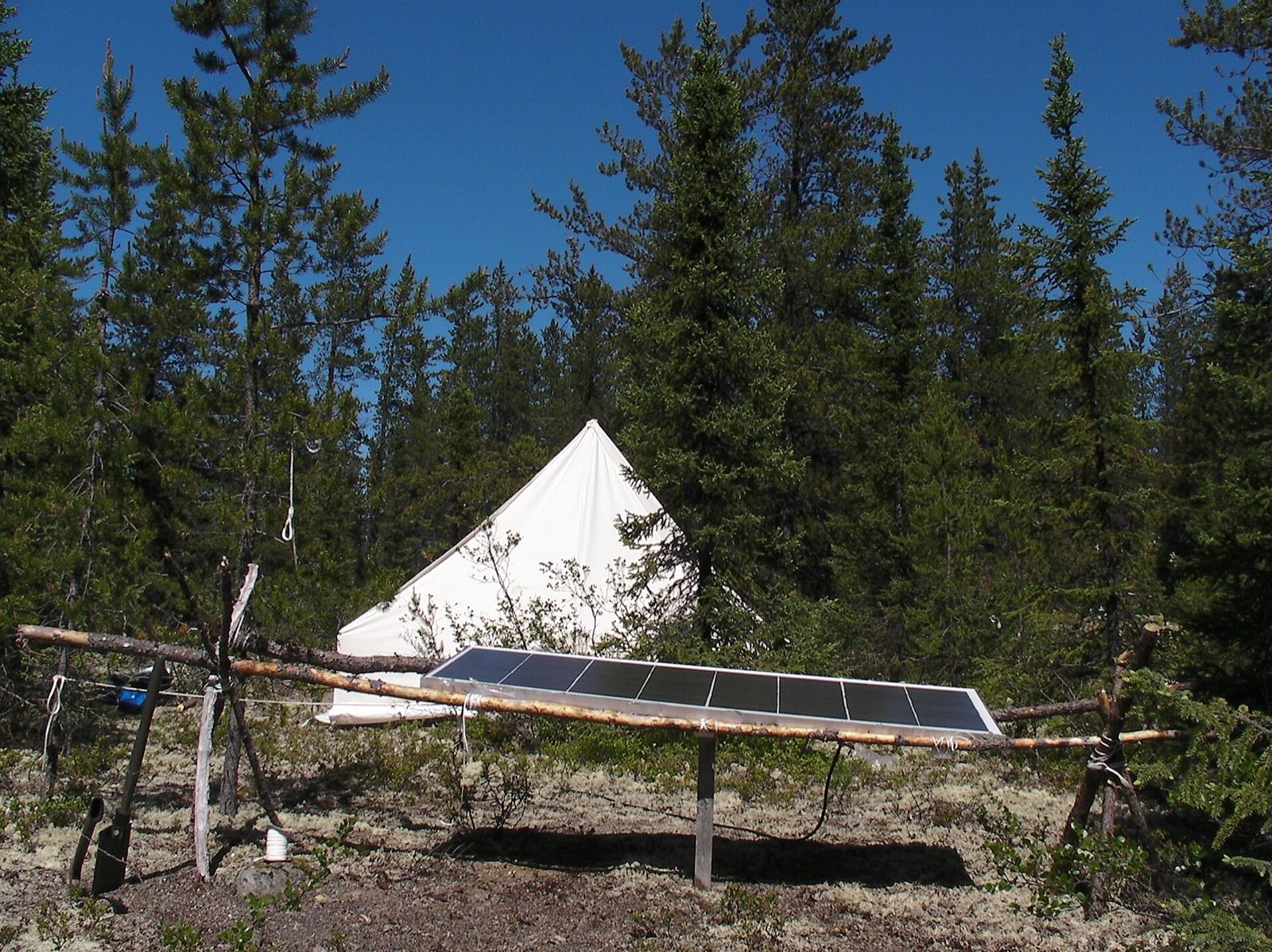 A solar panel mounted on a wooden frame beside a canvas tent in a forest camp