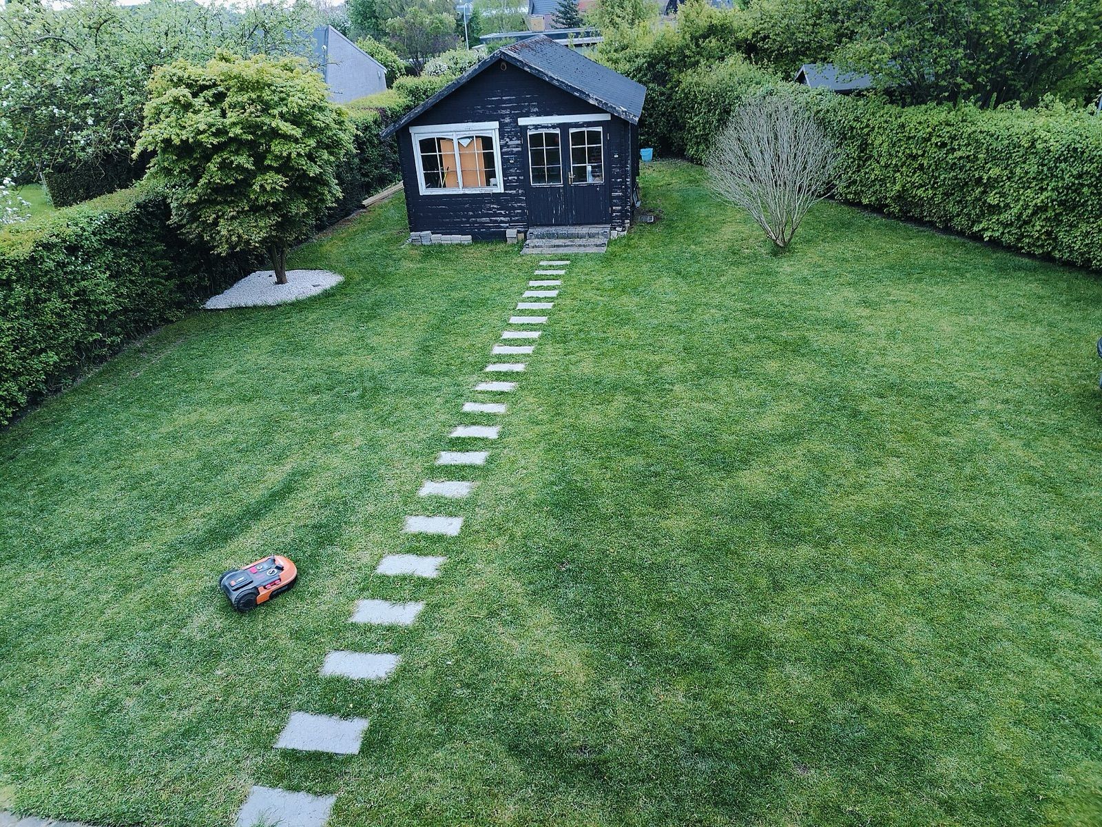 A small robotic lawn mower working on a long lawn with stepping stones leading to a garden shed