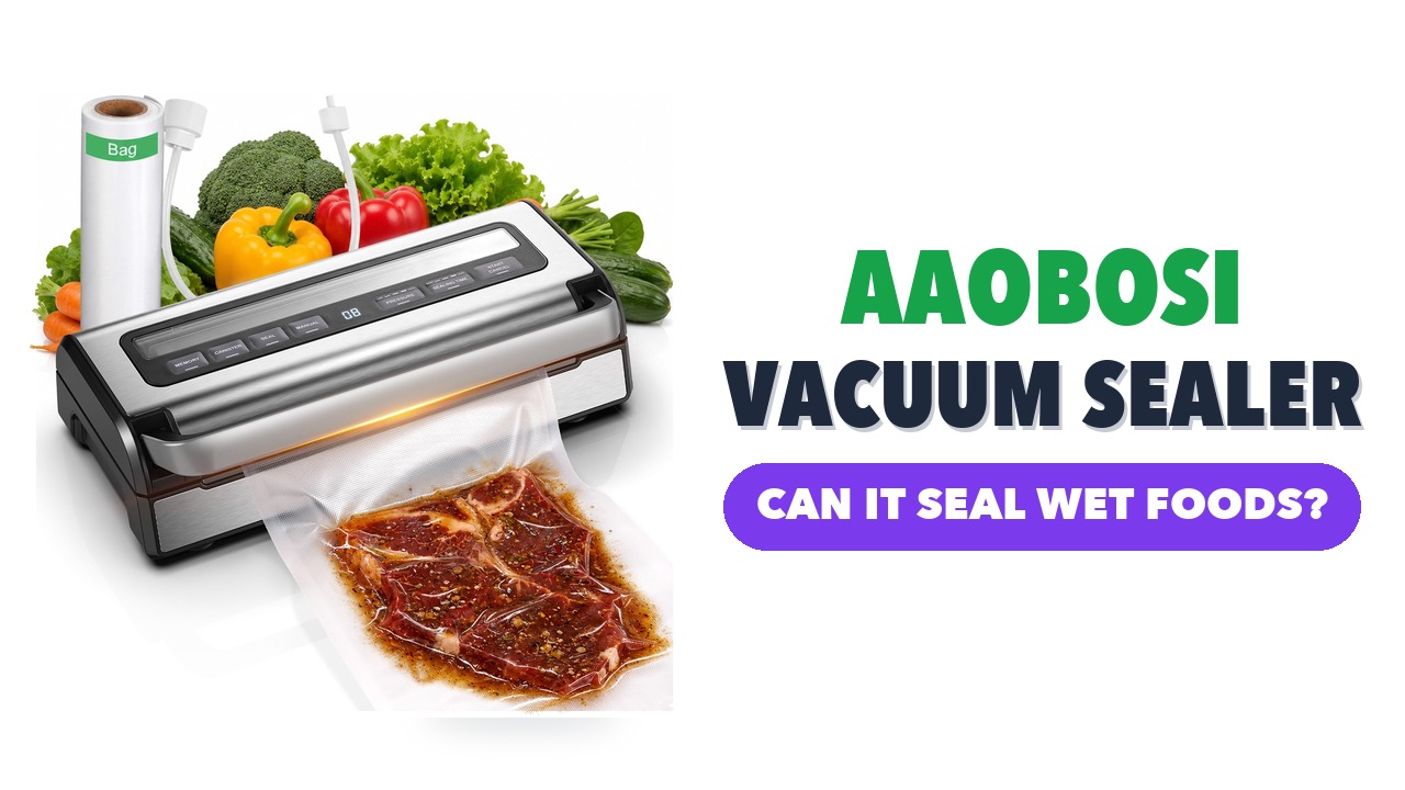 Silver AAOBOSI DBJ-1 vacuum sealer sealing a bag of marinated steak, with a bag roll and vegetables behind it