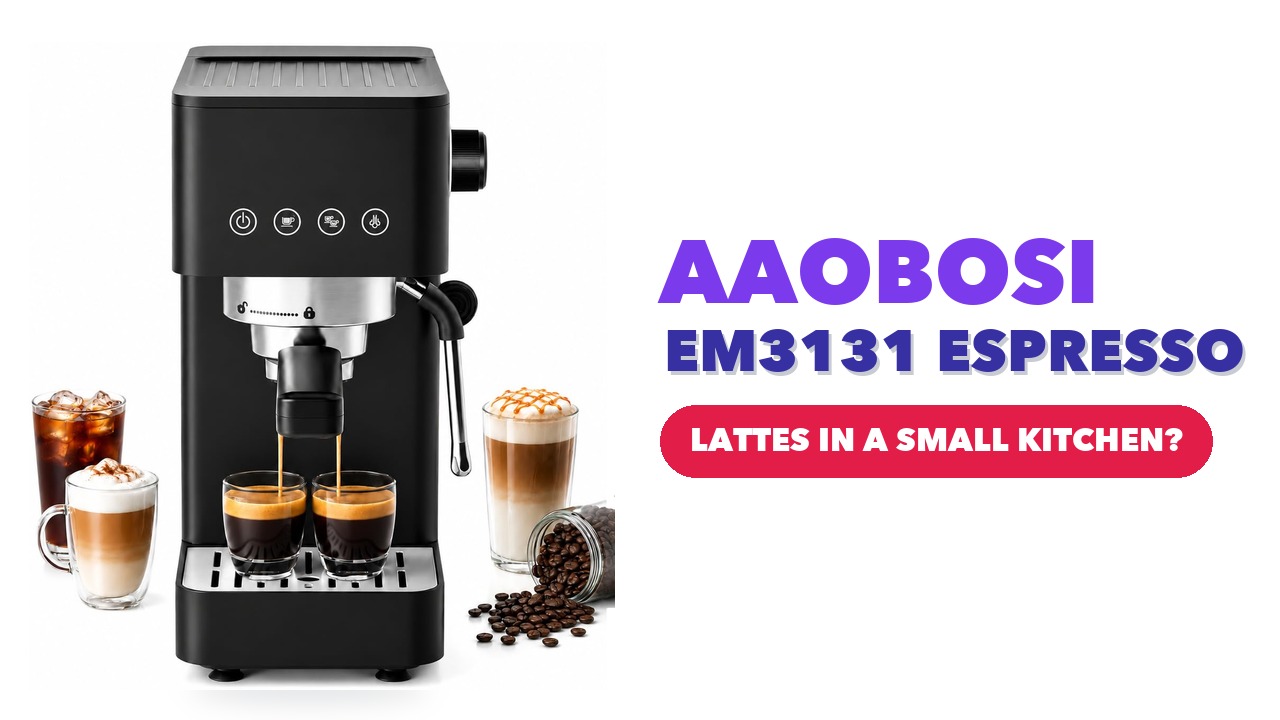 AAOBOSI EM3131 compact espresso machine in black pouring two shots, with latte glasses beside it