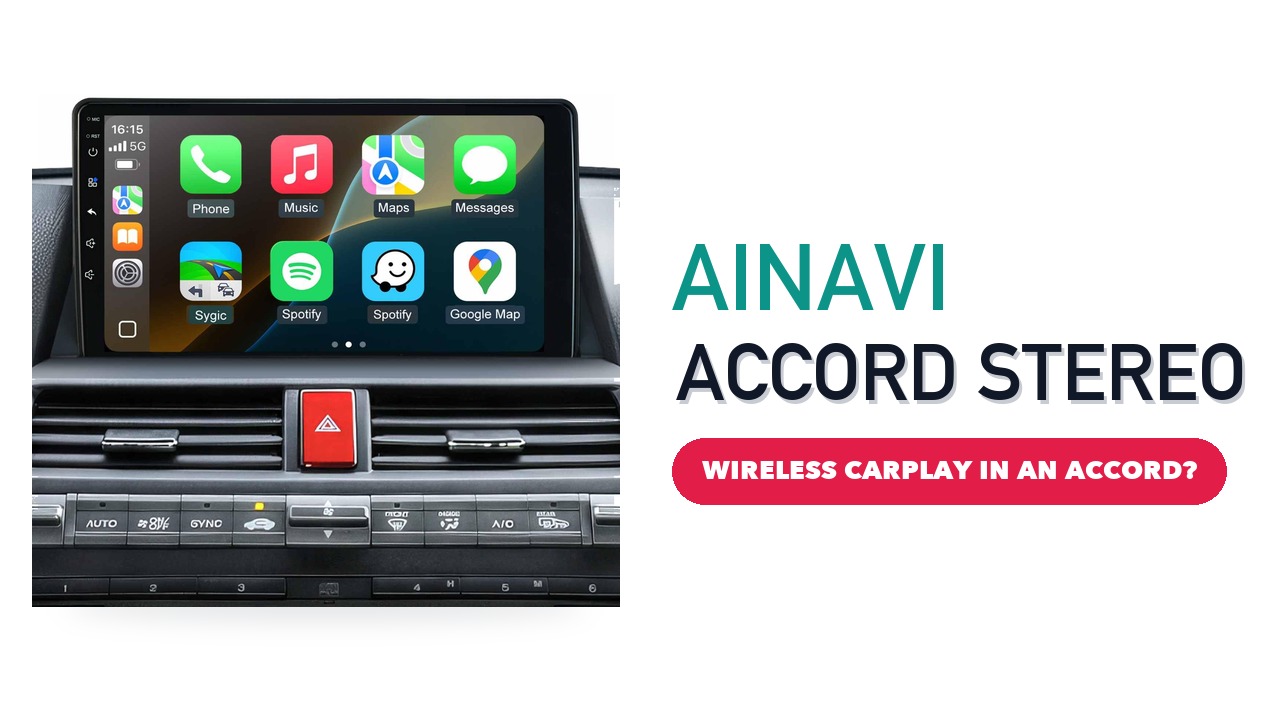 AINAVI 10.2-inch touchscreen car stereo showing phone apps, fitted in a Honda Accord dashboard