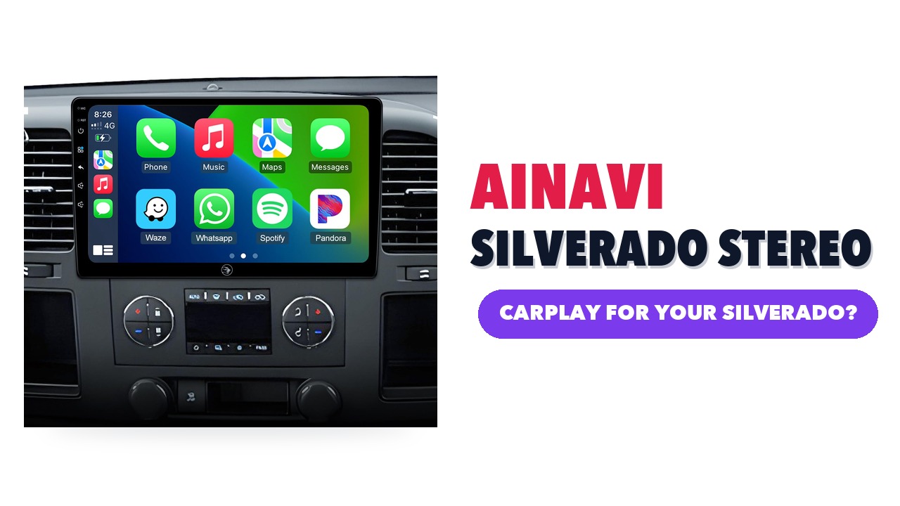 AINAVI 10.2-inch touchscreen car stereo showing phone apps, fitted in a pickup truck dashboard