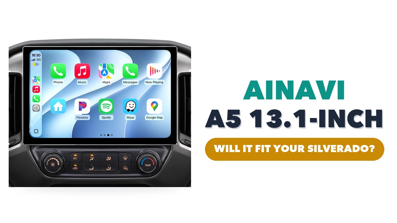 AINAVI A5 13.1-inch touchscreen showing phone apps, fitted in a truck dashboard