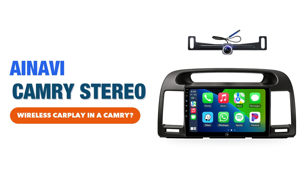 AINAVI touchscreen car stereo in its Camry dash frame, with the backup camera, on a white background