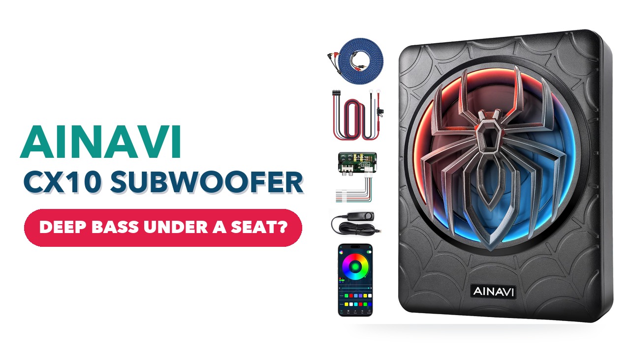 AINAVI CX10 underseat subwoofer with its wiring kit on a white background