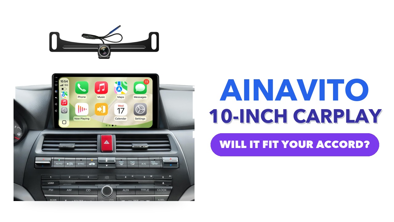 AINAVITO 10-inch touchscreen showing phone apps on top of a Honda Accord centre stack, with the backup camera above it