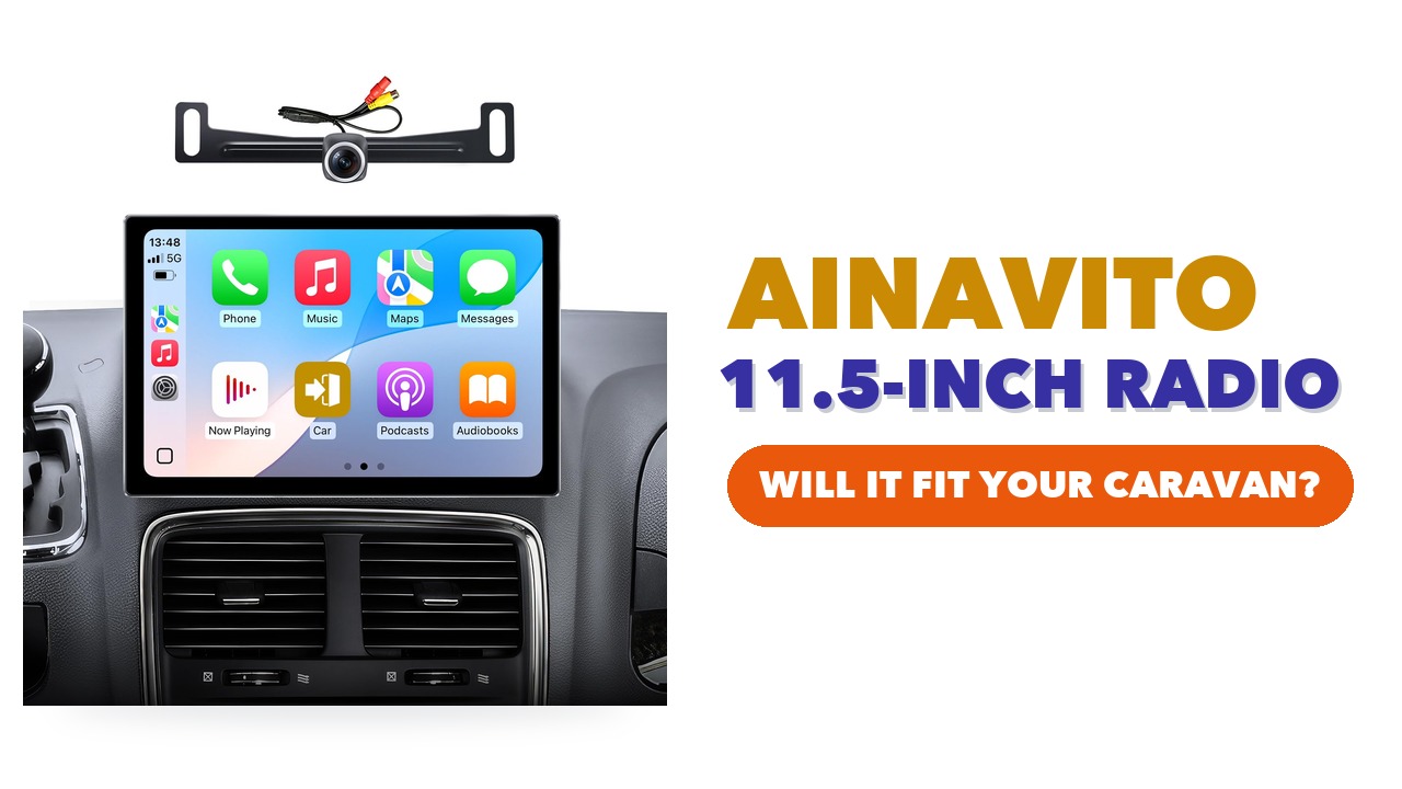 AINAVITO 11.5-inch touchscreen showing phone apps in a minivan dashboard, with the backup camera above it