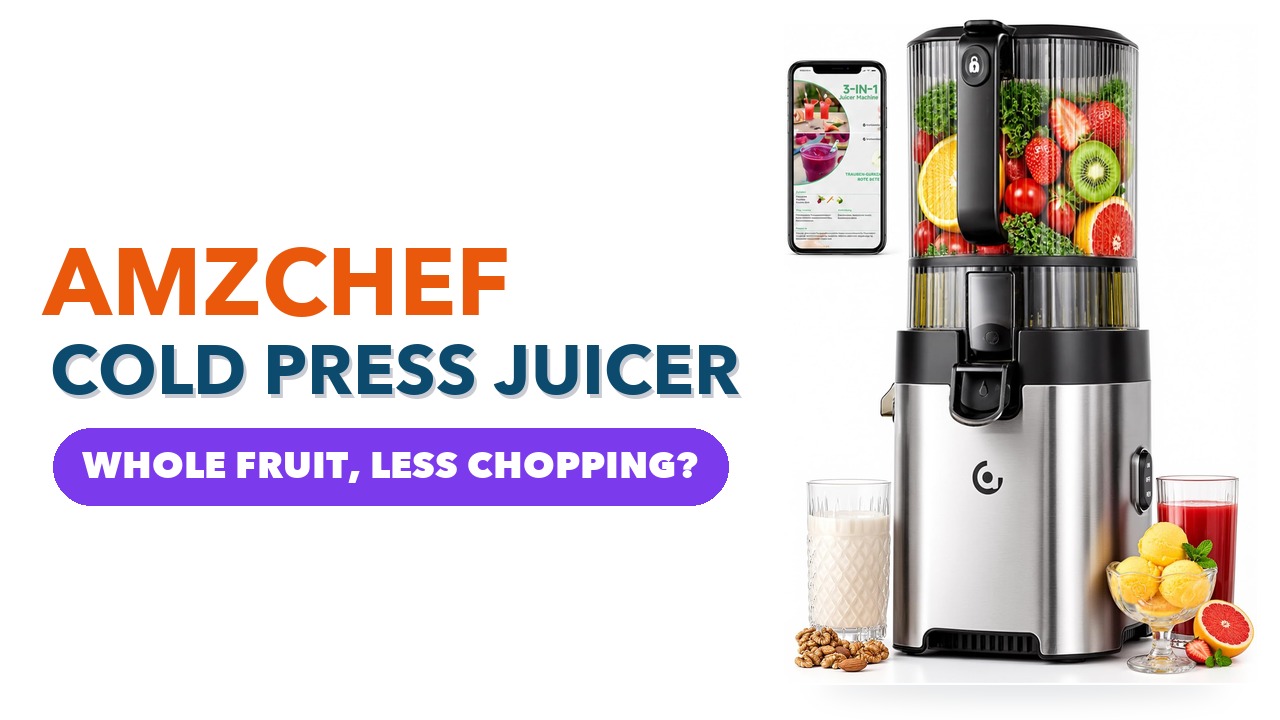 Stainless steel AMZCHEF cold press juicer with a hopper full of fruit and vegetables on a white background