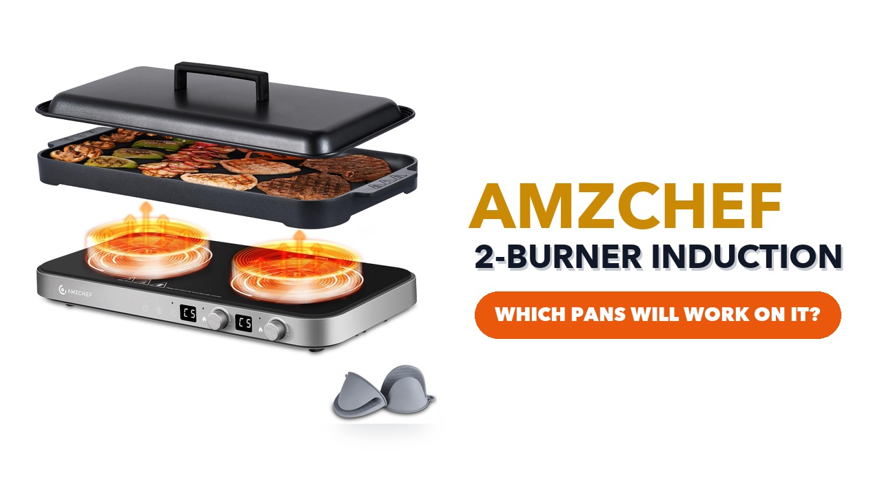 AMZCHEF double induction cooktop with its griddle pan and lid lifted above the two cooking zones