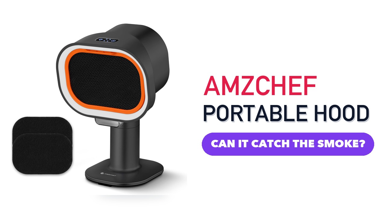 AMZCHEF portable desktop range hood with spare filter pads on a white background