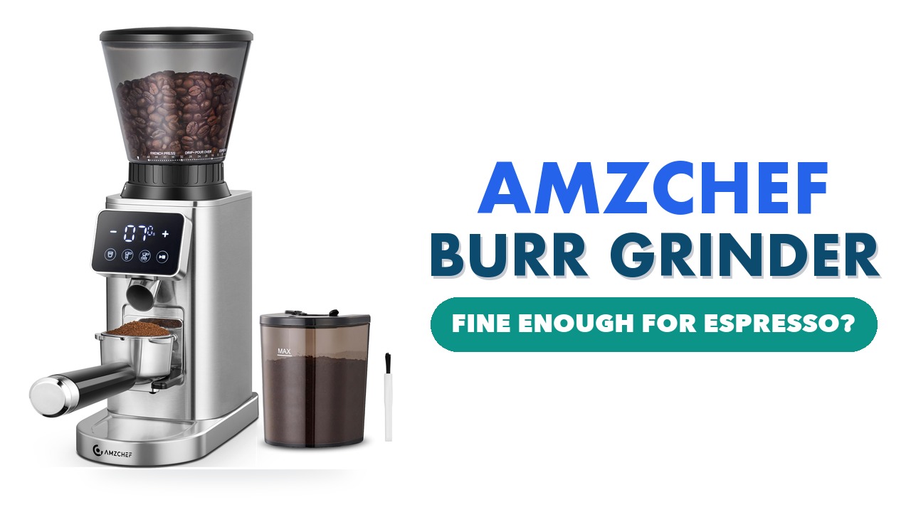 AMZCHEF conical burr coffee grinder in metallic silver with a bean hopper, portafilter holder and grounds cup
