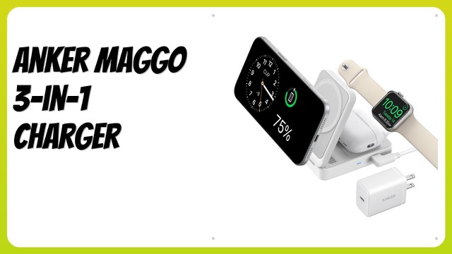 Anker MagGo foldable 3-in-1 charging stand holding an iPhone, AirPods and Apple Watch