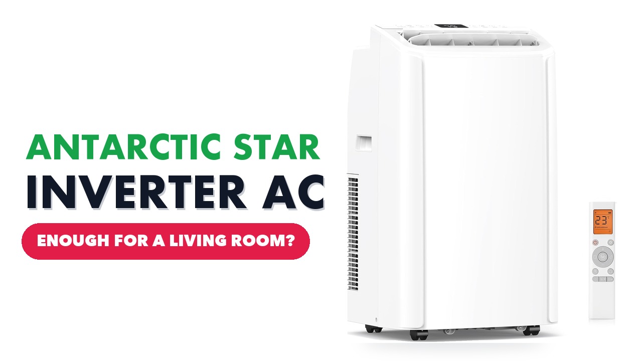 White Antarctic Star portable air conditioner on castors next to its remote control