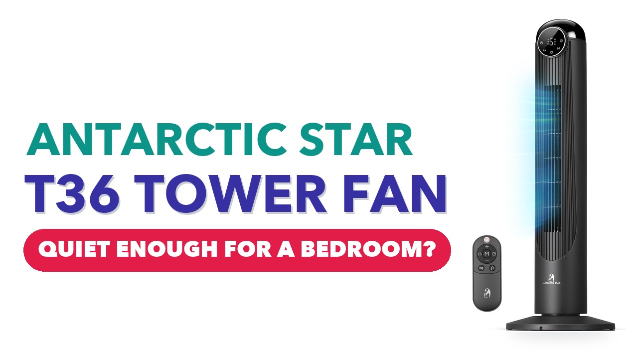 Antarctic Star T36 black tower fan with its remote on a white background