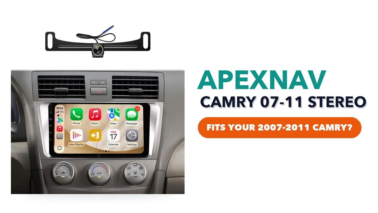 ApexNav 9-inch touchscreen stereo fitted in a Toyota Camry dashboard, with its licence-plate backup camera