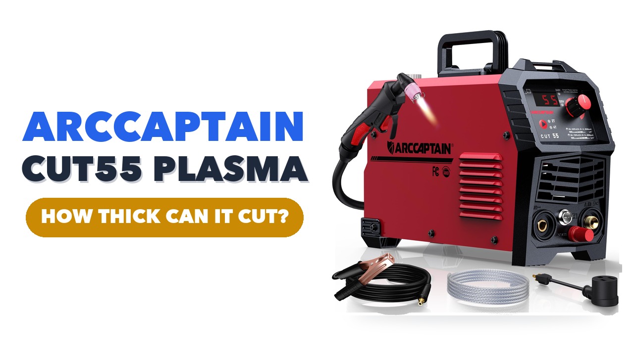 Red ARCCAPTAIN Cut55 plasma cutter with its torch, ground clamp and air hose on a white background