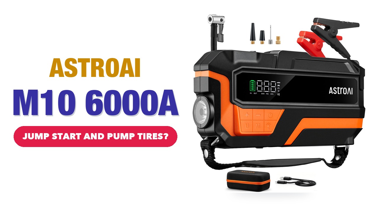 Orange and black AstroAI M10 jump starter with clamps, air hose, nozzles and carrying case on a white background