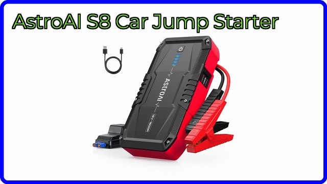 Red AstroAI S8 portable car jump starter with jumper clamps