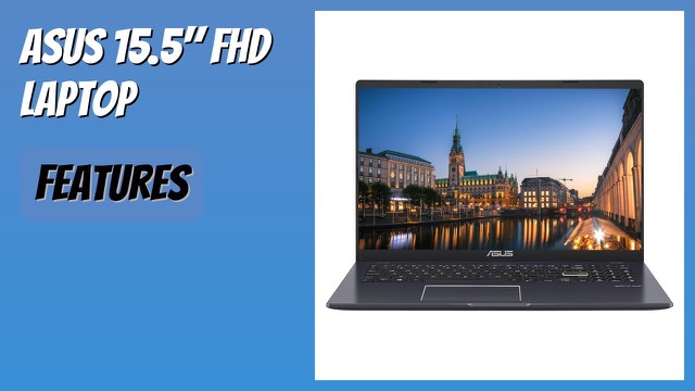 ASUS 15.5-inch laptop in dark blue with open screen and backlit keyboard