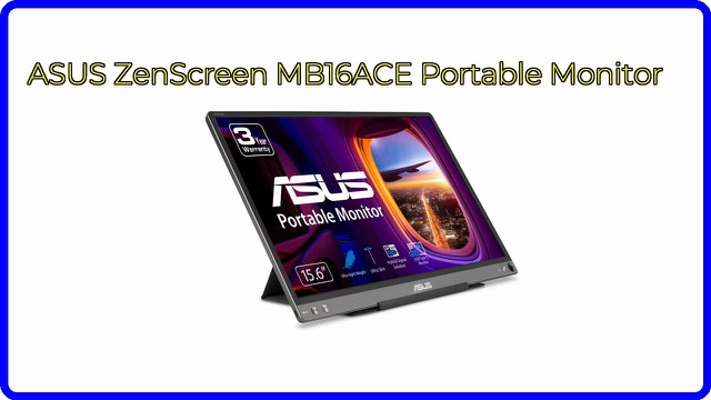 ASUS ZenScreen MB16ACE portable monitor on a stand beside a laptop