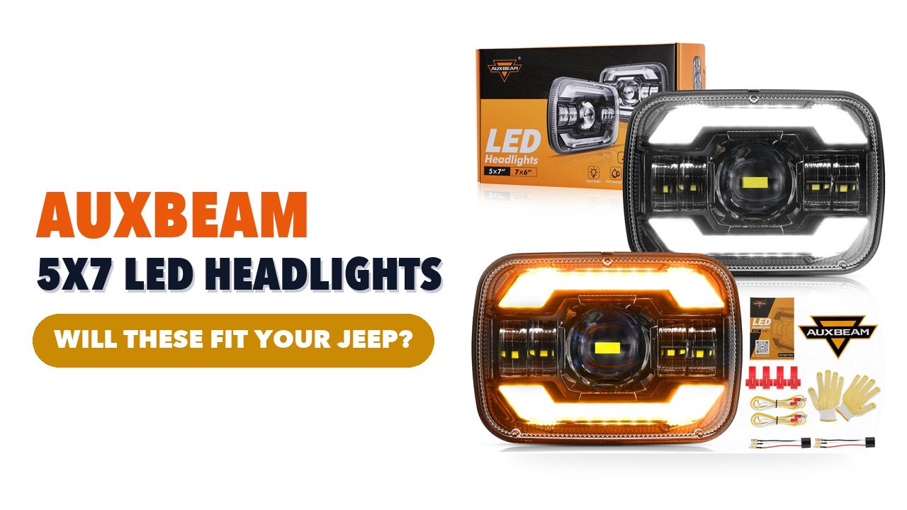 Pair of Auxbeam 5x7 LED headlights, one lit white and one lit amber, with the box and wiring accessories
