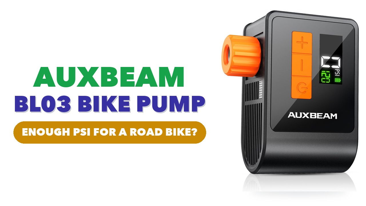 Auxbeam BL03 electric bike pump with an orange valve head and a digital pressure display, on a white background
