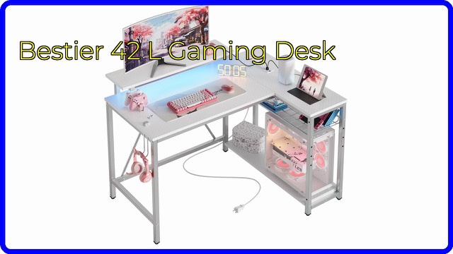 Bestier L-shaped gaming desk in carbon fiber white with LED lights