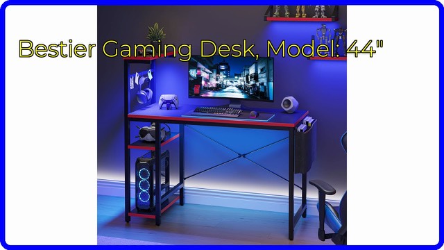 Bestier 44-inch black carbon-fibre-look gaming desk with LED lights and shelves