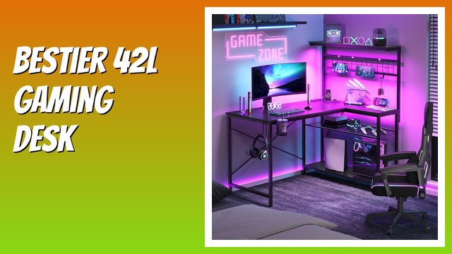 Bestier carbon fibre black L-shaped gaming desk with hutch and LED lights