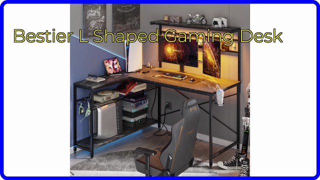 Bestier black marble L-shaped gaming desk with shelves and LED lighting