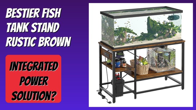 Rustic brown Bestier fish tank stand with shelves and built-in power strip