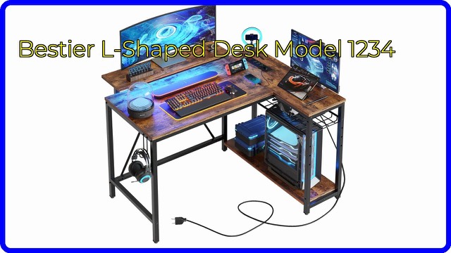 Bestier small L-shaped desk in rustic brown with storage shelves and LED strip