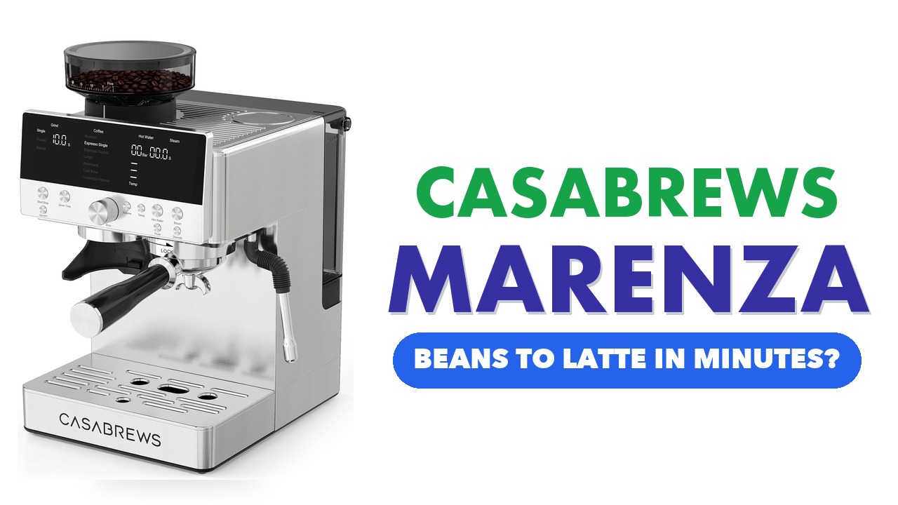 CASABREWS MARENZA stainless steel espresso machine with built-in grinder on a white background