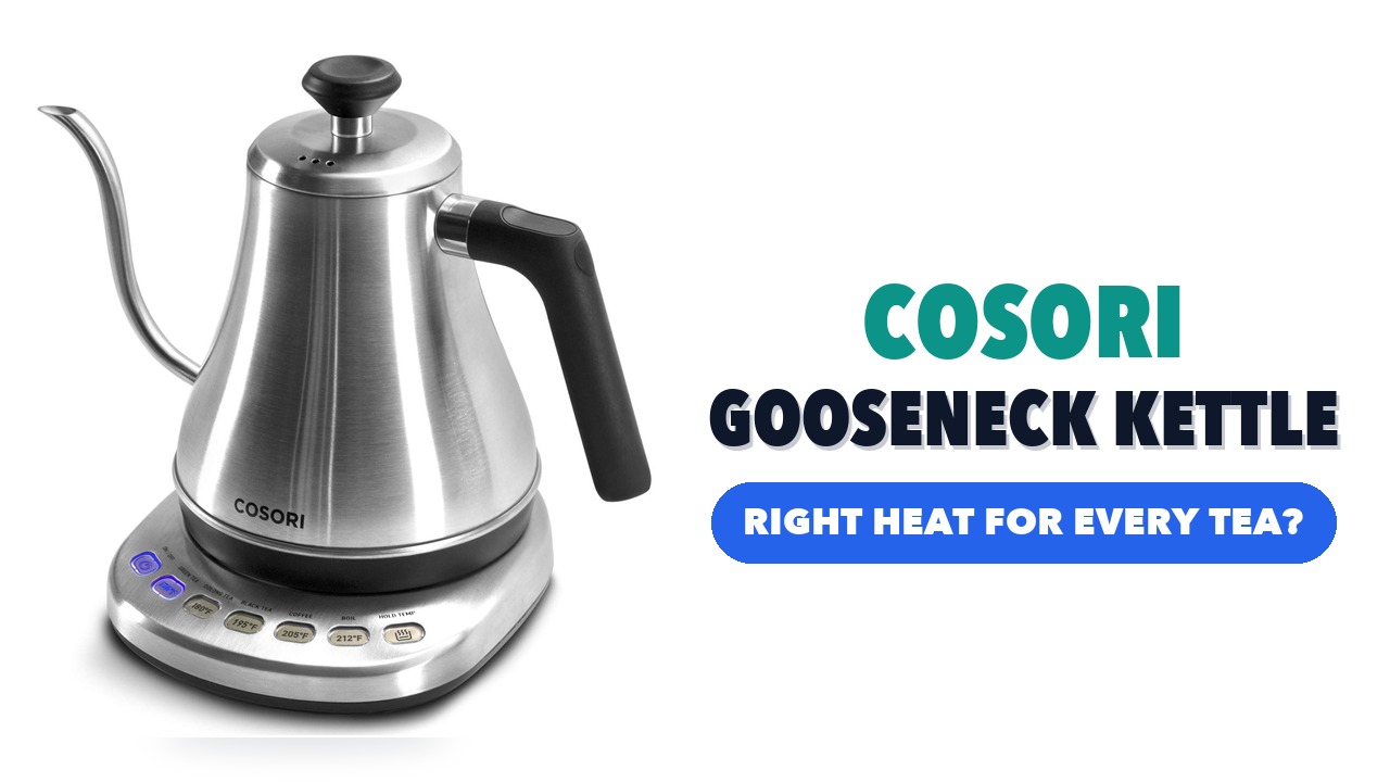 Cosori gooseneck electric kettle in silver on its base