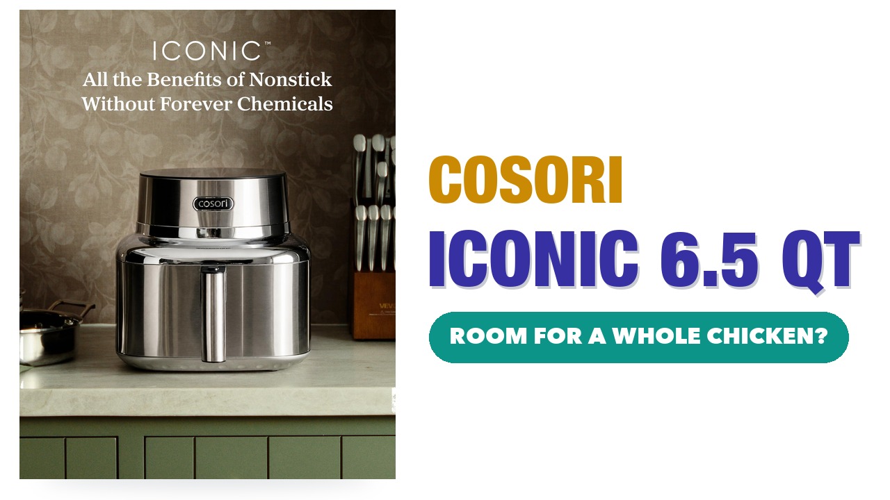 Cosori Iconic stainless steel air fryer on a kitchen counter