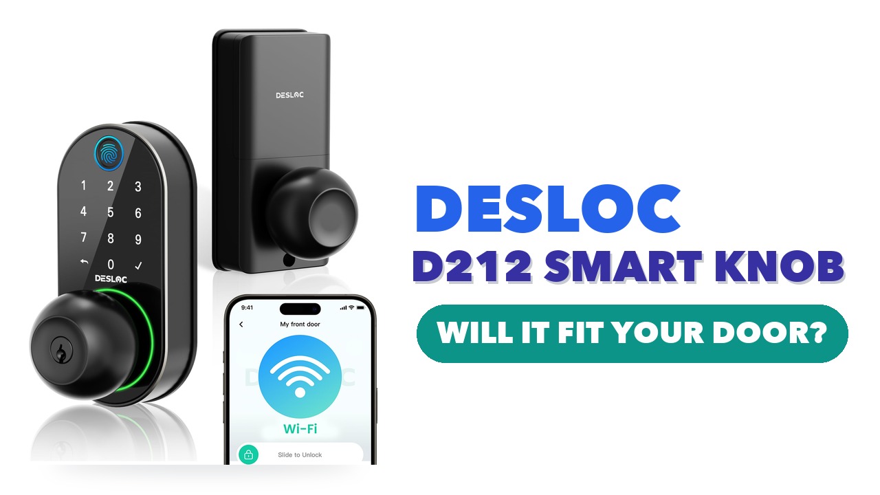 DESLOC D212 black fingerprint keypad door knob with its interior unit and a phone showing the Wi-Fi app