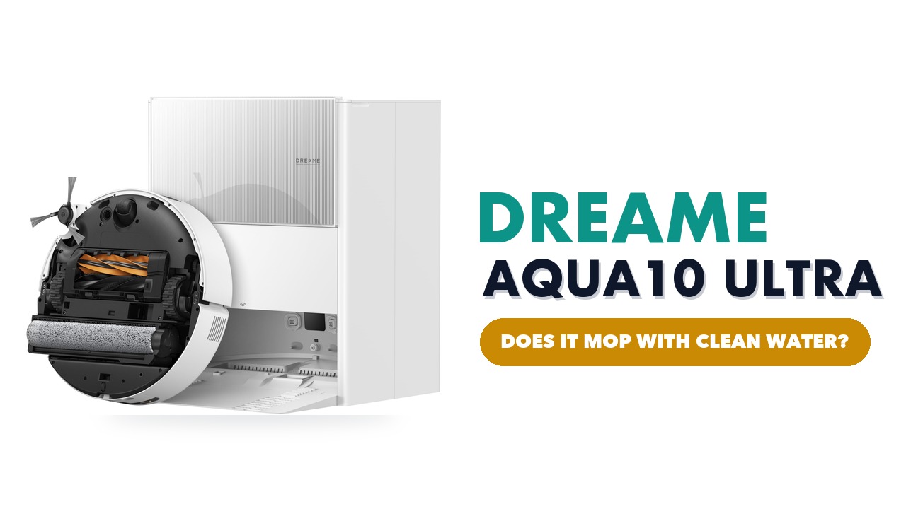 dreame Aqua10 Ultra Roller robot vacuum in front of its white PowerDock