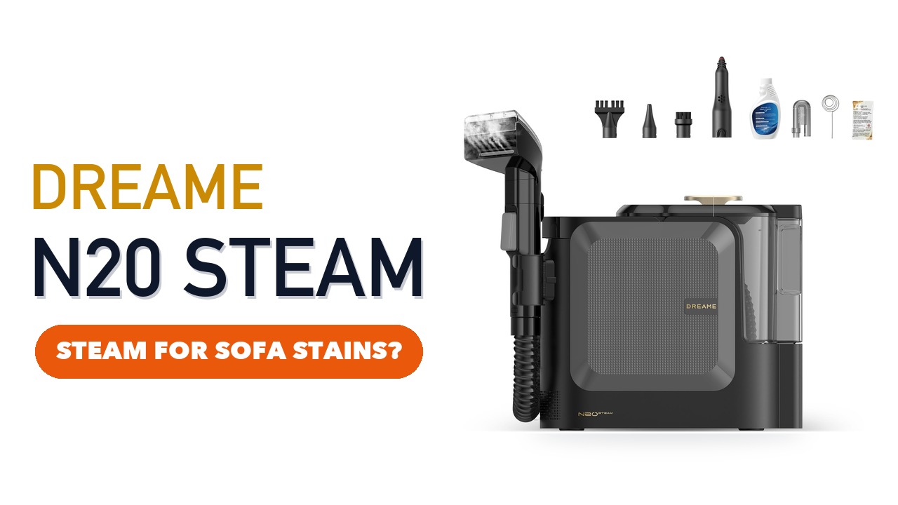 Dreame N20 Steam portable carpet cleaner with its hose, attachments and cleaning solution