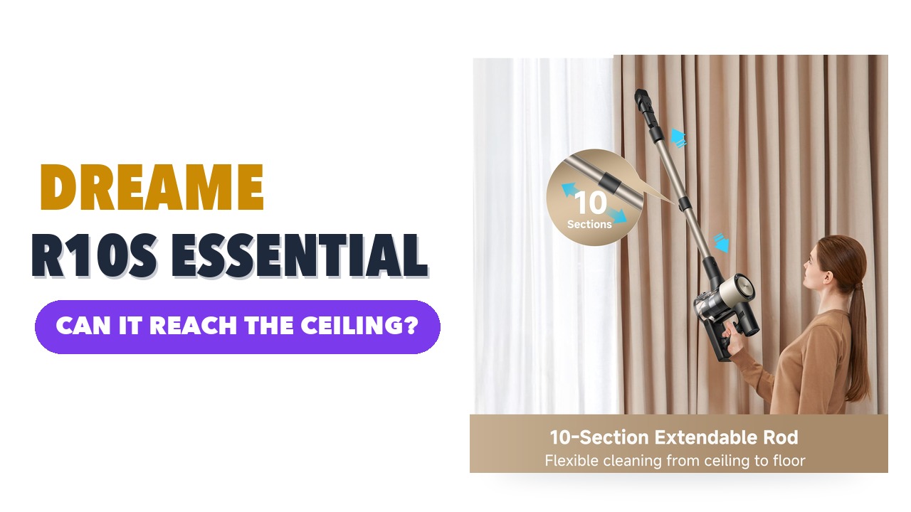 Dreame R10s Essential cordless stick vacuum with its tools on a white background