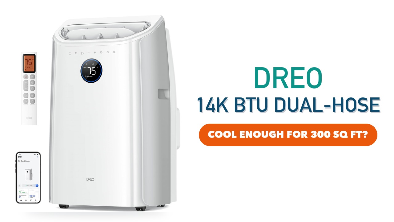 DREO 14,000 BTU dual-hose inverter portable air conditioner in white