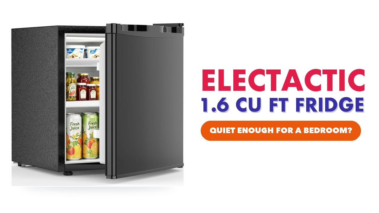 Electactic 1.6 cu ft black mini fridge with its door open, showing drinks and jars inside