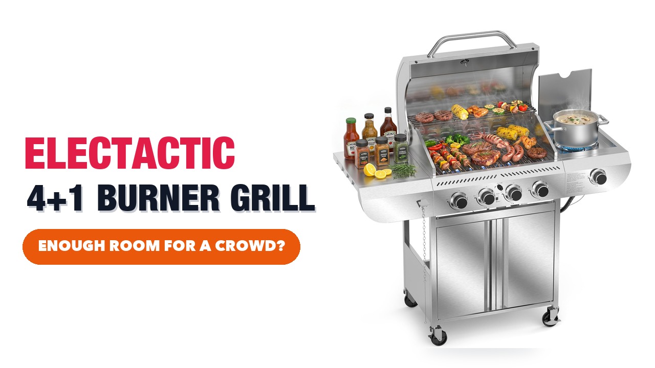 Electactic 4-burner stainless steel gas grill with its lid open, food on the grates and a pot on the side burner