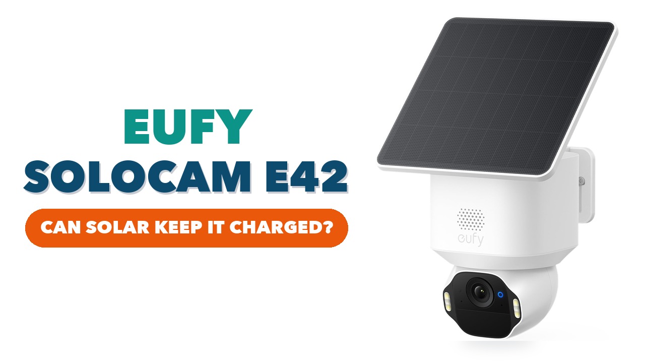 eufy Security SoloCam E42 white outdoor camera with built-in solar panel on a white background