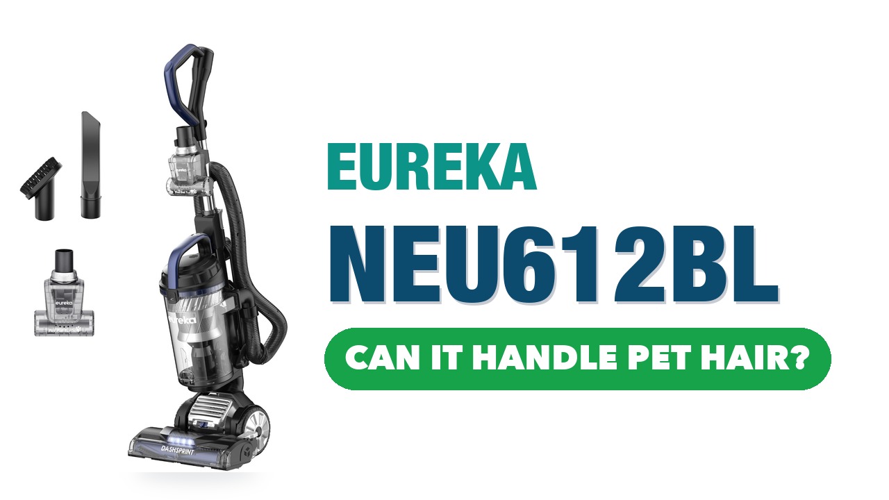 Eureka NEU612BL upright vacuum with its crevice tool, dusting brush and pet turbo brush