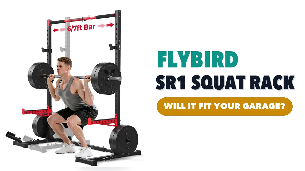 FLYBIRD SR1 squat rack with pull-up bar, J-hooks and red safety arms, loaded with a barbell