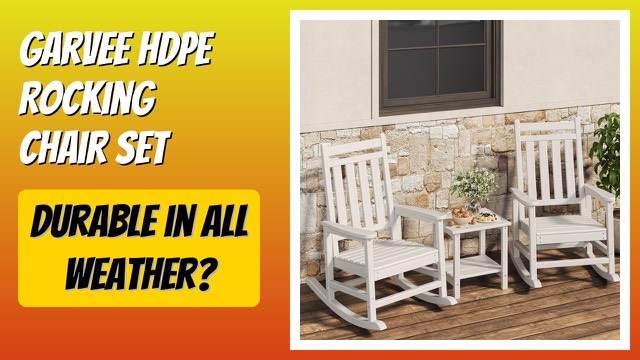 Pair of Garvee HDPE rocking Adirondack chairs with a side table on a patio