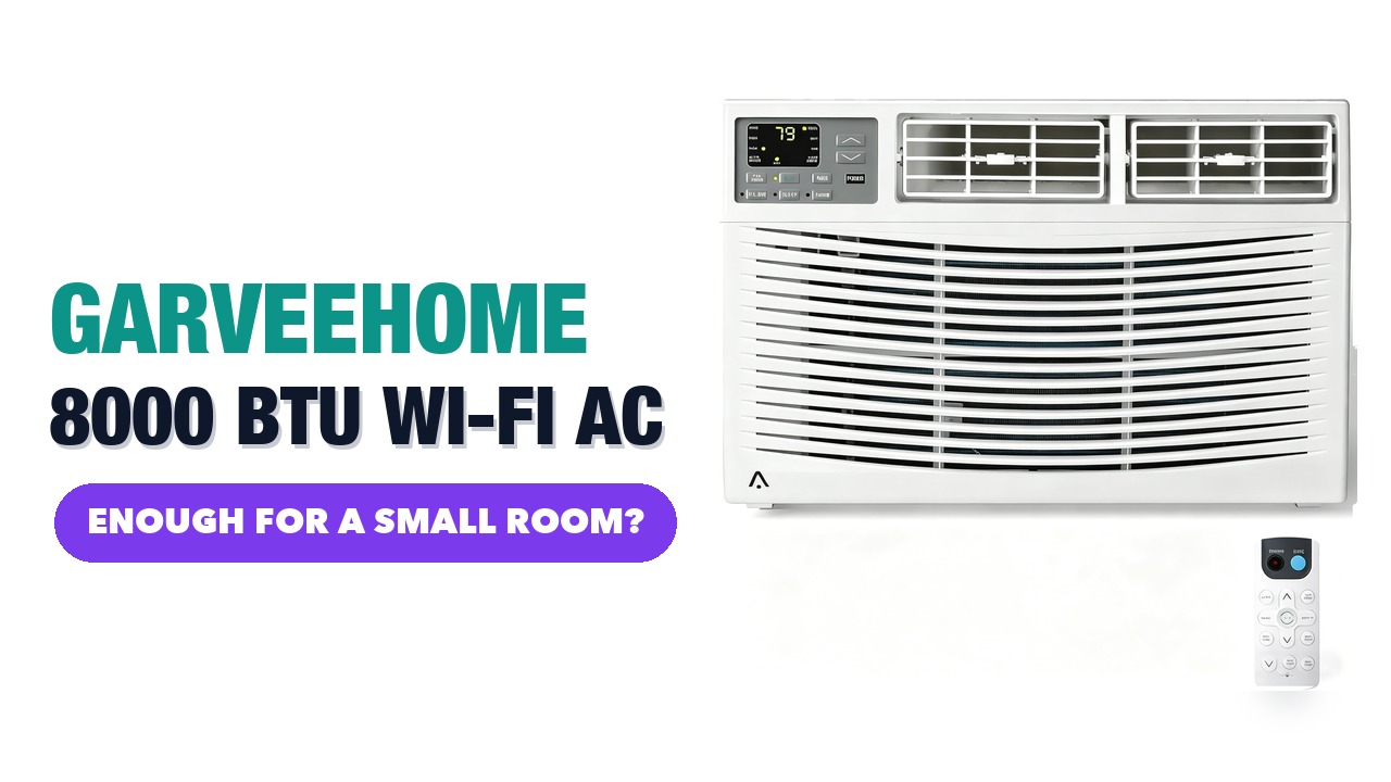 White GarveeHome 8000 BTU window air conditioner with its remote control on a white background